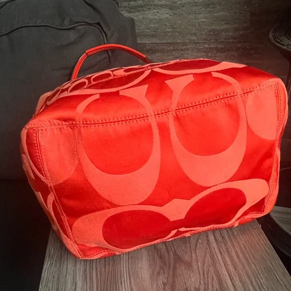 Coach Crimson Orange Signature Nylon ToteBag Leather Trim/Hangtag + Dust Bag 12” - Picture 7 of 16